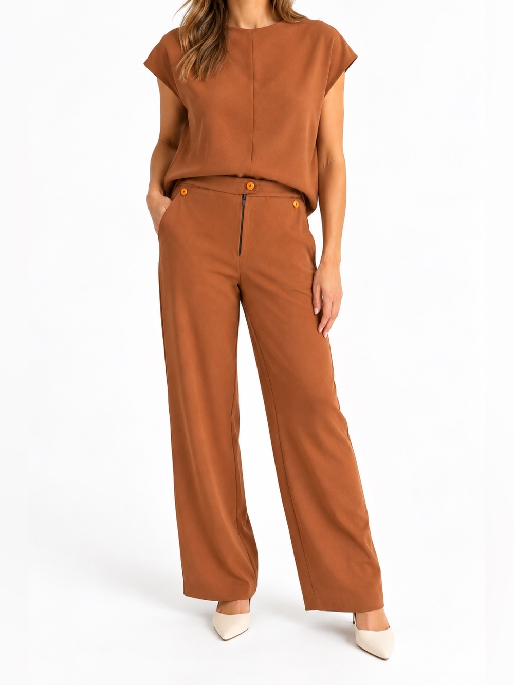 Caramel Two-Piece Set Shirt & Pants Retro Minimalist Quiet Luxury